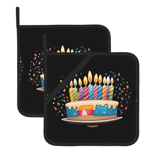 WHJSSF Quadratische Isolier-Topfmatte mit "Happy Birthday"-Muster, 2 Stück, dick und langlebig, mit Umhängeband, für Mikrowelle, Backofen, Grillen im Freien von WHJSSF