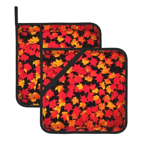 WHJSSF Quadratische Isolier-Topfmatte mit Herbst-roten Blättern, 2 Stück, dick und langlebig, mit Umhängeband, für Mikrowelle, Backofen, Grillen im Freien von WHJSSF
