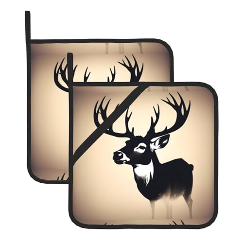 WHJSSF Quadratische Isolier-Topfmatte mit Hirsch-Silhouette, 2 Stück, dick und langlebig, mit Umhängeband, für Mikrowelle, Backofen, Grillen im Freien von WHJSSF