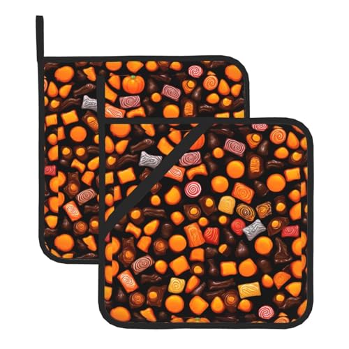 WHJSSF Quadratische Isoliermatte mit Halloween-Süßigkeiten-Aufdruck, 2 Stück, dick und langlebig, mit Umhängeband, für Mikrowelle, Backofen, Grillen im Freien von WHJSSF