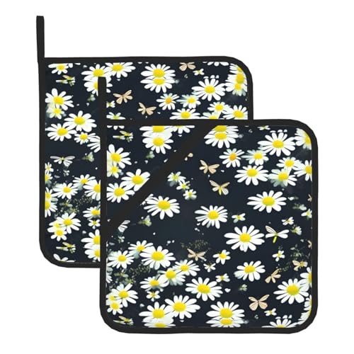 WHJSSF Quadratische Isoliermatte mit Kamillenblumen, fliegende Schmetterlinge, 2 Stück, dick und langlebig, mit Umhängeband, für Mikrowelle, Backofen, Grillen im Freien von WHJSSF