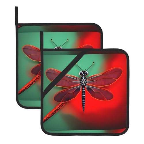 WHJSSF Quadratische Isoliermatte mit Libelle auf rotem Hintergrund, 2 Stück, dick und langlebig, mit Umhängeband, für Mikrowelle, Backofen, Grillen im Freien von WHJSSF