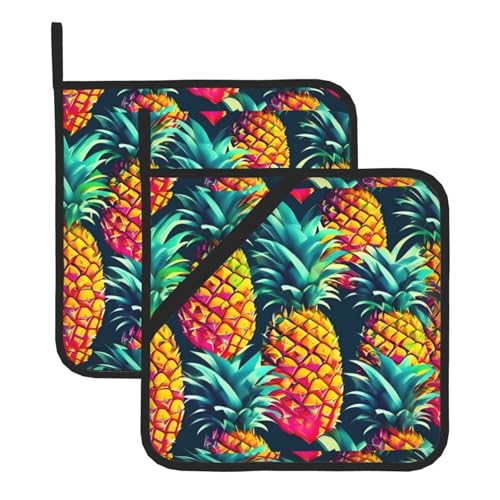 WHJSSF Quadratische Isoliermatte mit buntem Ananas-Druck, 2 Stück, dick und langlebig, mit Umhängeband, für Mikrowelle, Backofen, Grillen im Freien von WHJSSF