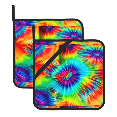 WHJSSF Quadratische Isoliermatte mit buntem Batikdruck, 2 Stück, dick und langlebig, mit Umhängeband, für Mikrowelle, Backofen, Grillen im Freien von WHJSSF