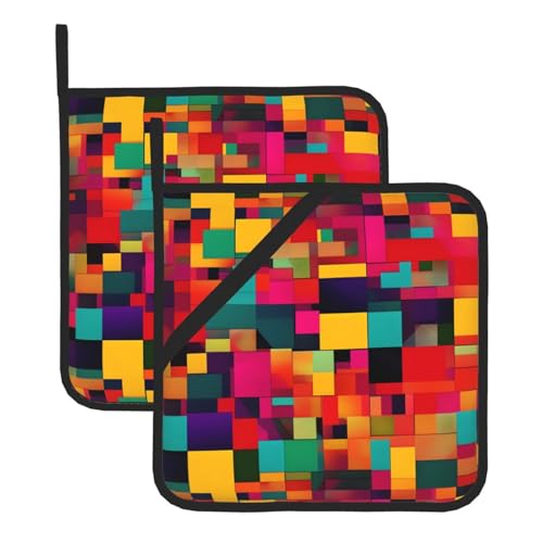 WHJSSF Quadratische Isoliermatte mit buntem Quadratdruck, 2 Stück, dick und langlebig, mit Umhängeband, für Mikrowelle, Backofen, Grillen im Freien von WHJSSF
