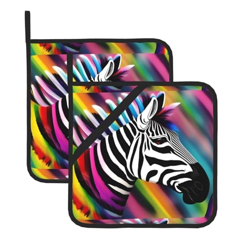 WHJSSF Quadratische Isoliermatte mit buntem Regenbogen-Zebramuster, 2 Stück, dick und langlebig, mit Umhängeband, für Mikrowelle, Backofen, Grillen im Freien von WHJSSF