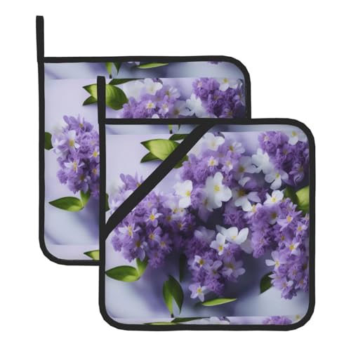 WHJSSF Quadratische Isoliermatte mit lila Blumen in Blüten, 2 Stück, dick und langlebig, mit Umhängeband, für Mikrowelle, Backofen, Grillen im Freien von WHJSSF