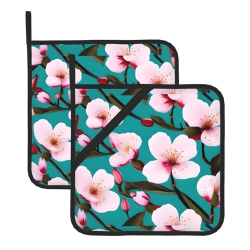 WHJSSF Quadratische Isoliermatte mit schönem Mandelblumen-Druck, 2 Stück, dick und langlebig, mit Umhängeband, für Mikrowelle, Backofen, Grillen im Freien von WHJSSF