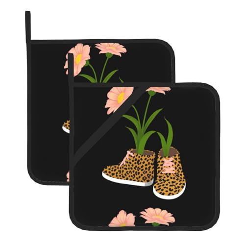 WHJSSF Quadratische isolierte Topfmatte, Motiv: Blumen in Leopardenmuster, 2-teilig, dick, langlebig, Wärmeisolierung, für Mikrowelle, Backofen und Grillen im Freien von WHJSSF