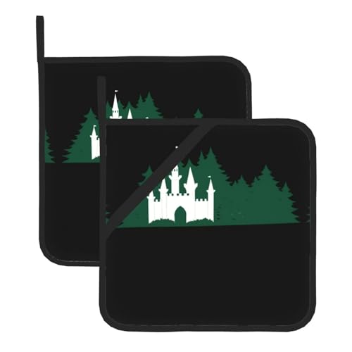 WHJSSF Quadratische isolierte Topfmatte, Motiv: Schloss versteckt im Wald, 2-teilig, dick, langlebig, für Wärmedämmung, für Mikrowelle, Backofen und Grillen im Freien von WHJSSF