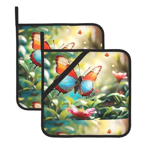 WHJSSF Quadratische isolierte Topfmatte, Motiv: Schmetterlinge im Garten, 2-teilig, dick, langlebig, für Wärmedämmung, für Mikrowelle, Backofen und Grillen im Freien von WHJSSF