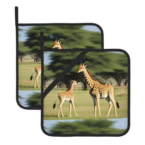 WHJSSF Quadratische isolierte Topfmatte, Motiv: afrikanische Savanne, Giraffe, Kalb, 2-teilig, dick, langlebig, für Wärmedämmung, für Mikrowelle, Backofen und Grillen im Freien von WHJSSF