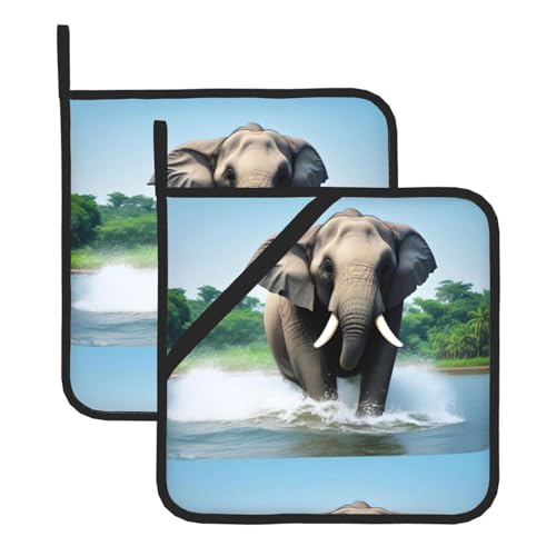 WHJSSF Quadratische isolierte Topfmatte, Motiv: asiatischer Elefant im Wasser, 2-teilig, dick, langlebig, für Wärmeisolierung für Mikrowelle, Backofen und Grillen im Freien WHJSSF Quadratische isolierte Topfmatte, Motiv: asiatischer Elefant im Wasser, 2-teilig, dick, langlebig, für Wärmeisolierung für Mikrowelle, Backofen und Grillen im Freien von WHJSSF