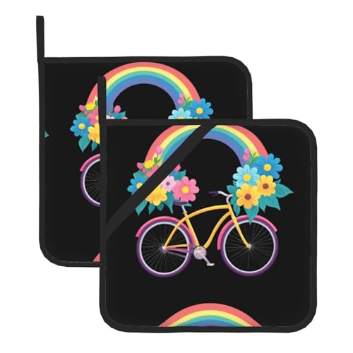 WHJSSF Quadratische isolierte Topfmatte mit Blumen und Regenbogen-Fahrradaufdruck, 2-teilig, dick, langlebig, für Wärmeisolierung für Mikrowelle, Backofen und Grillen im Freien von WHJSSF