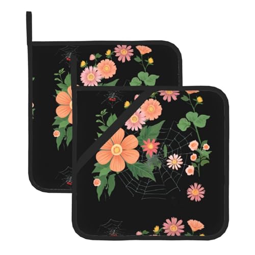 WHJSSF Quadratische isolierte Topfmatte mit Blumen und Spinnen, 2-teilig, dick, langlebig, für Wärmeisolierung für Mikrowelle, Backofen und Grillen im Freien von WHJSSF