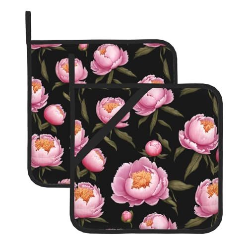 WHJSSF Quadratische isolierte Topfmatte mit Blumenblüten und reichen Pfingstrosen, 2-teilig, dick, langlebig, für Wärmedämmung, für Mikrowelle, Backofen und Grillen im Freien von WHJSSF