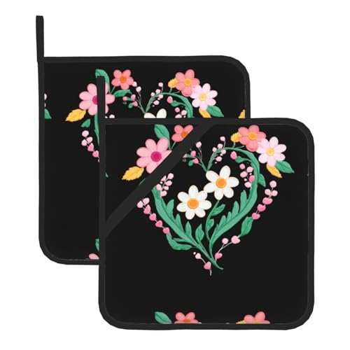 WHJSSF Quadratische isolierte Topfmatte mit Blumenherz-Stickerei, 2-teilig, dick, langlebig, für Wärmeisolierung für Mikrowelle, Backofen und Grillen im Freien von WHJSSF