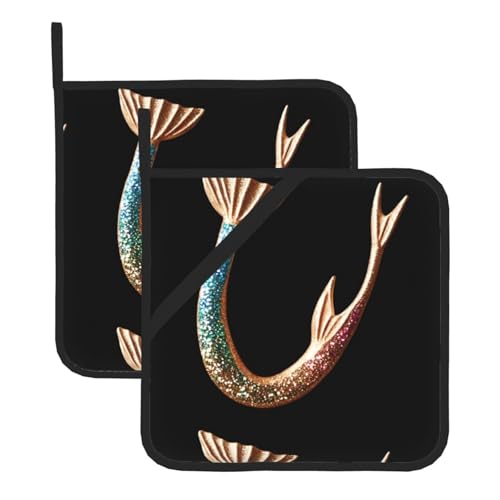 WHJSSF Quadratische isolierte Topfmatte mit Glitzerfischschwanz, 2-teilig, dick, langlebig, für Wärmeisolierung für Mikrowelle, Backofen und Grillen im Freien von WHJSSF