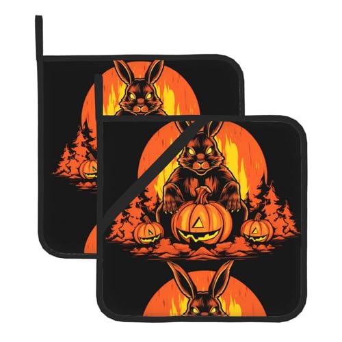 WHJSSF Quadratische isolierte Topfmatte mit Halloween-Hasen-Aufdruck, 2-teilig, dick, langlebig, für Wärmeisolierung für Mikrowelle, Backofen und Grillen im Freien von WHJSSF