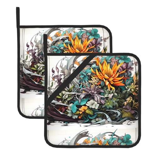 WHJSSF Quadratische isolierte Topfmatte mit gemischten Blumen, 2-teilig, dick, langlebig, für Wärmeisolierung für Mikrowelle, Backofen und Grillen im Freien von WHJSSF