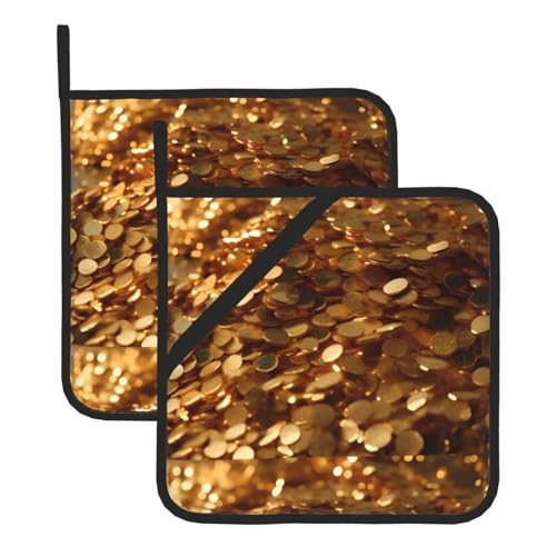 WHJSSF Quadratische isolierte Topfmatte mit goldfarbenen Pailletten, 2-teilig, dick, langlebig, für Wärmeisolierung für Mikrowelle, Backofen und Grillen im Freien von WHJSSF