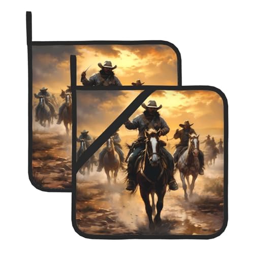 WHJSSF Texas Cowboys Reiten und Laufen Drucke, quadratisch, isoliert, 2-teilig, dick, langlebig, für Wärmeisolierung für Mikrowelle, Backofen und Grillen im Freien von WHJSSF