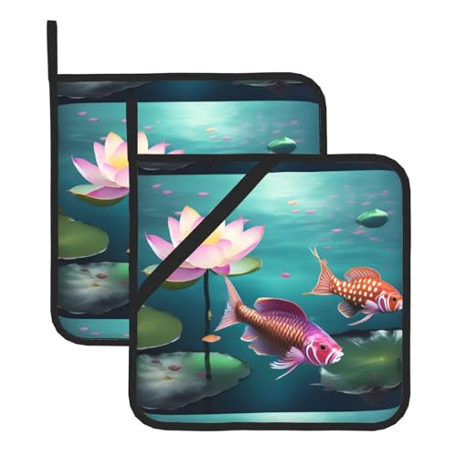 WHJSSF fish swims Lotus Prints Quadratische Isolier-Topfmatte, 2 Stück, dick und langlebig, mit Umhängeband, für Mikrowelle, Backofen, Grillen im Freien WHJSSF fish swims Lotus Prints Quadratische Isolier-Topfmatte, 2 Stück, dick und langlebig, mit Umhängeband, für Mikrowelle, Backofen, Grillen im Freien von WHJSSF
