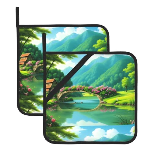 WHJSSF idyllic scenery Prints Quadratische isolierte Topfmatte, 2-teilig, dick, langlebig, für Wärmeisolierung für Mikrowelle, Backofen und Grillen im Freien von WHJSSF
