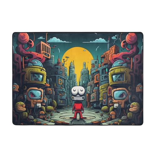 WHJWZY Carpet Flanell-Teppich für Wohnzimmer, Büro und mehr, Motiv: mechanische Stadt mit roten Figuren, 203,2 x 147,3 cm von WHJWZY