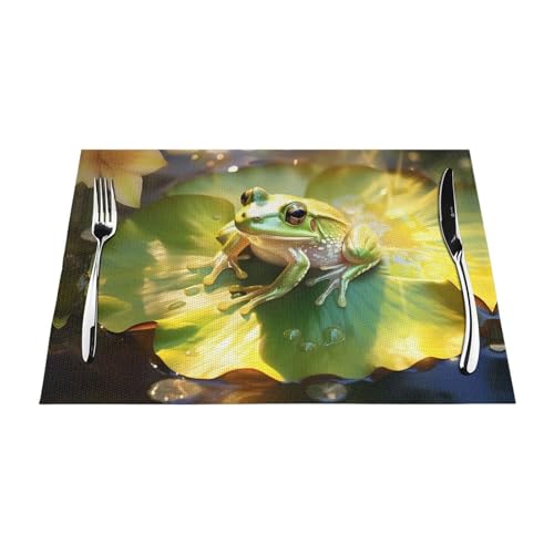 WHJWZY Gewebtes Tischset, 45,7 x 30,5 cm, hitzebeständig, rutschfest, waschbar, Tischset, Frosch auf Lotusblatt-Muster, 6 Stück von WHJWZY
