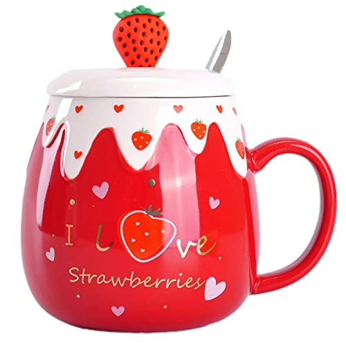 WHJY Rote weibliche Kaffeetasse Erdbeere koreanische schöne Studenten Keramik Frühstückstasse mit Deckel und Löffel - 450 ml/16 oz, Rot C von WHJY