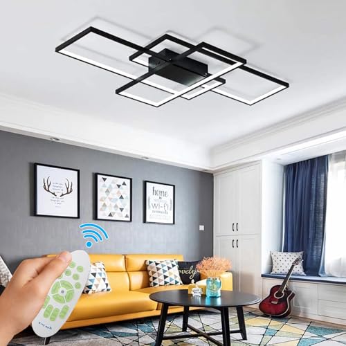 WHLL LED Deckenlampe 90cm für Wohnzimmer:Deckenleuchte Dimmbar mit Fernbedienung (3000K-6000K), 62W, Schwarz Deckenbeleuchtung modernes geometrisches Design von WHLL