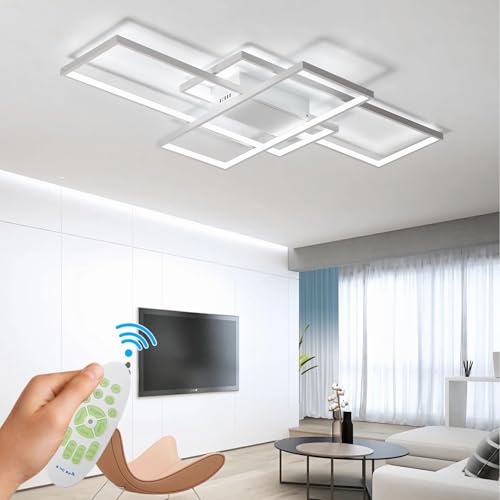 LED Deckenlampe 90cm für Wohnzimmer:Deckenleuchte Dimmbar mit Fernbedienung (3000K-6000K), 62W, Weiß Deckenbeleuchtung modernes geometrisches Design von WHLL