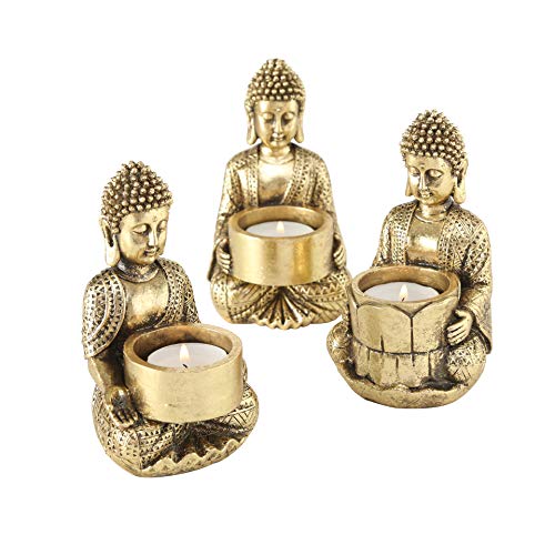 Baby Buddha Teelichthalter, 3er-Set, Gold, handgeriebenes, vergoldetes Finish, schwarze Patina, gegossenes Polyharz, 14 cm hoch von WHOLE HOUSE WORLDS