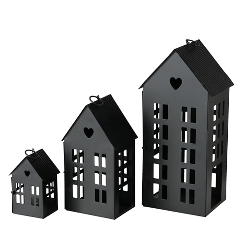 Main Street Stadthaus-Kerzenlaternen, 3er-Set, Vintage-Stil, Herz-Details, rustikales Schwarz, Metall, gewellte Giebeldächer, 34,5 cm, 24,9 cm und 12,7 cm hoch von WHOLE HOUSE WORLDS