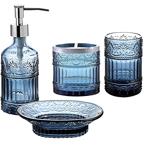 WHOLE HOUSEWARES | Badezimmer-Set | 4-teiliges Badezimmer-Accessoires-Set | Seifenspender, Tablett, Glas, Zahnbürstenhalter | Mosaikglas (blau) von WHOLE HOUSEWARES