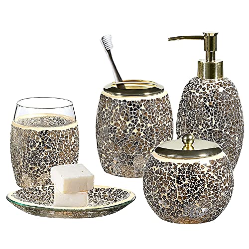 WHOLE HOUSEWARES | Badezimmer Zubehör Set | 5-teiliges Deko Glas Badezimmer Zubehör Set | Seifenspender, Tablett, Glas, Zahnbürstenhalter | Geschenkidee | Elegantes Gold Mosaik Glas (Gold) von WHOLE HOUSEWARES