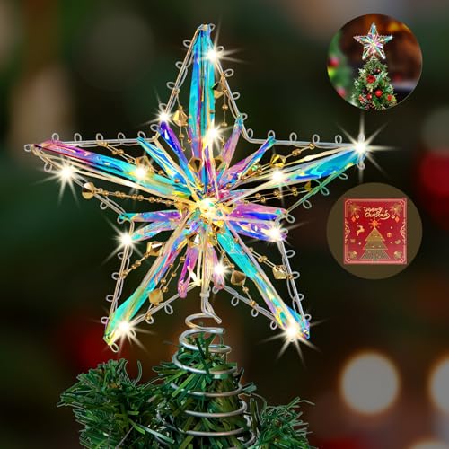 WHOLEV Reflektierendes Band Weihnachtsbaumspitzen Stern, 25cm Bunte Reflektierende Baumspitzensterne, Beleuchteter Metallbaumstern, 15 LED-Lichter Weihnachtsbaumspitze für Weihnachtsbaumdekoration von WHOLEV