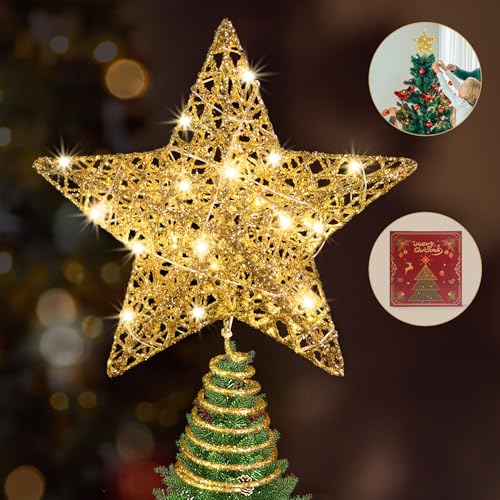 WHOLEV Weihnachtsbaumspitzen Stern, 20cm Goldene Baumspitze Beleuchteter Stern Glitzernder Metall Baumspitze Stern, 15 LED-Lichter Weihnachtsbaumspitzen Stern für Weihnachtsbaum Heimdekoration von WHOLEV