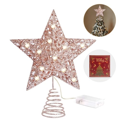 WHOLEV Weihnachtsbaumspitzen Stern, 20cm Roségold Weihnachtsbaumspitzen, beleuchteter Stern glitzernder Metall, 15 LED-Lichter Weihnachtsbaumspitze Sterne für Weihnachtsbaum-Heimdekoration von WHOLEV
