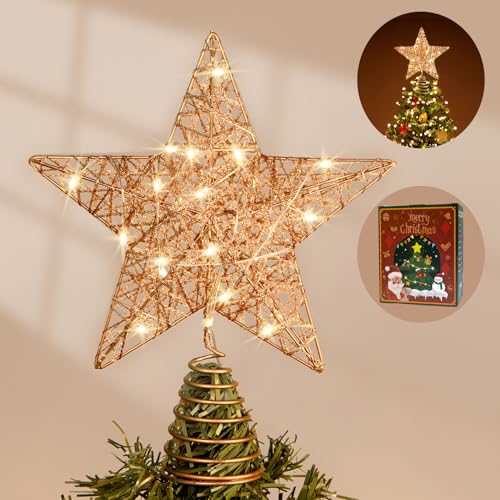 WHOLEV Weihnachtsbaumspitzen Stern, 25cm Roségold Weihnachtsbaumspitzen, beleuchteter Stern glitzernder Metall, 20 LED-Lichter Weihnachtsbaumspitze Sterne für Weihnachtsbaum-Heimdekoration von WHOLEV