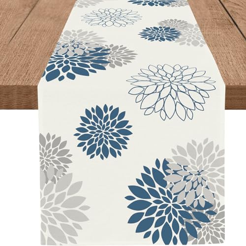 WHOMEAF Blaugrauer Tischläufer Dahlie Pinnata Blumen-Tischläufer Moderne Elegante Pompon Bauernhaus Geometrische Tischdekoration für Zuhause Esszimmer Party Eingang (33 x 121 cm) von WHOMEAF