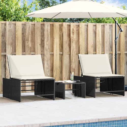 2 Pack Sun Loungers with Glass Table Set, Black PE Rattan Outdoor Lounge Chairs, Adjustable Reclining Backrest, Thick Cushions, Weather-Resistant Patio Furniture for Garden Poolside Relaxation von WHOPBXGAD