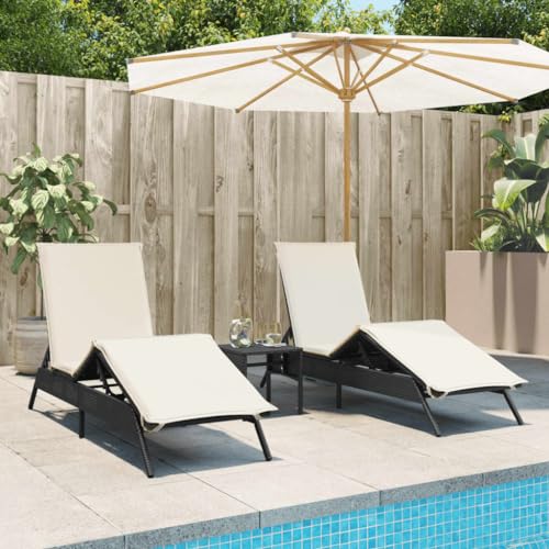 2 Pack Sun Loungers with Side Table, Black PE Rattan Adjustable Reclining Garden Lounge Chairs, Outdoor Patio Poolside Furniture Set with Thick Cushions & Durable Steel Frame, & UV Resistant von WHOPBXGAD