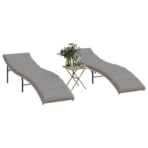 2 Pcs Beige Poly Rattan Sun Loungers with Adjustable Backrest & Side Table, Outdoor Garden Poolside Patio Furniture Set, Weather-Resistant PE Wicker & Steel Frame, 2 Cushions (110kg Capacity) von WHOPBXGAD