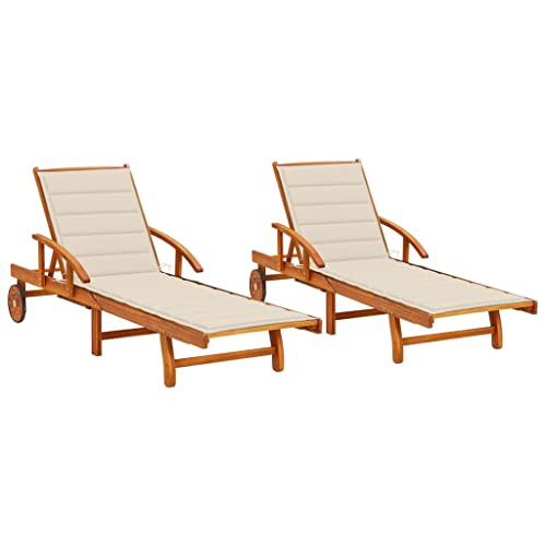2 Pcs Sun Lounger Set with Cushions, Solid Acacia Wood Outdoor Lounge Chair, Adjustable Backrest & Footrest, Wheels for Easy Moving, Perfect for Garden, Poolside, Patio, Cream White Cushion Included von WHOPBXGAD