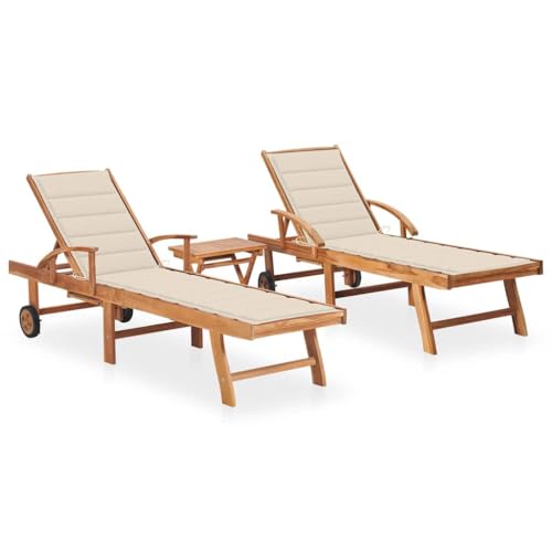 2-Piece Teak Wood Sun Lounger Set with Adjustable Table & Cushions Outdoor Garden Lounge Chairs with 3-Position Reclining Back, Wheels Side Table for Patio, Poolside - Weather-Resistant Hardwood von WHOPBXGAD