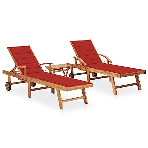 2-Piece Teak Wood Sun Lounger Set with Side Table & Cushions, Adjustable Reclining Garden Lounge Chairs for Patio Poolside, Outdoor Furniture with Wheels & Storage, Weather-Resistant Solid Hardwood von WHOPBXGAD