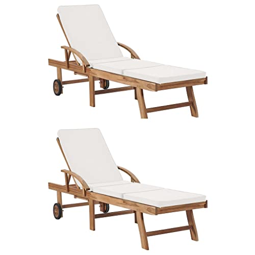 2-Piece Teak Wood Sun Loungers with Cushions, Adjustable Backrest & Footrest, Foldable Outdoor Lounge Chairs for Garden, Poolside, Patio, Rustic Design with Wheels and Side Table, Cream von WHOPBXGAD
