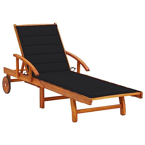 Akazie Massivholz Sonnenliege mit Auflage - Verstellbare Relaxliege mit ausziehbaren Tisch und 2 Rädern für Garten, Terrasse, Pool - Robuste Holzliege mit schwarzer Polyester-Auflage (200x67cm) von WHOPBXGAD